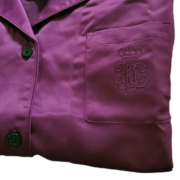 Lauren Ralph Lauren Satin Pajama Set Notch Collar Shirt & Wide Leg Pant Wine S - Picture 6 of 7